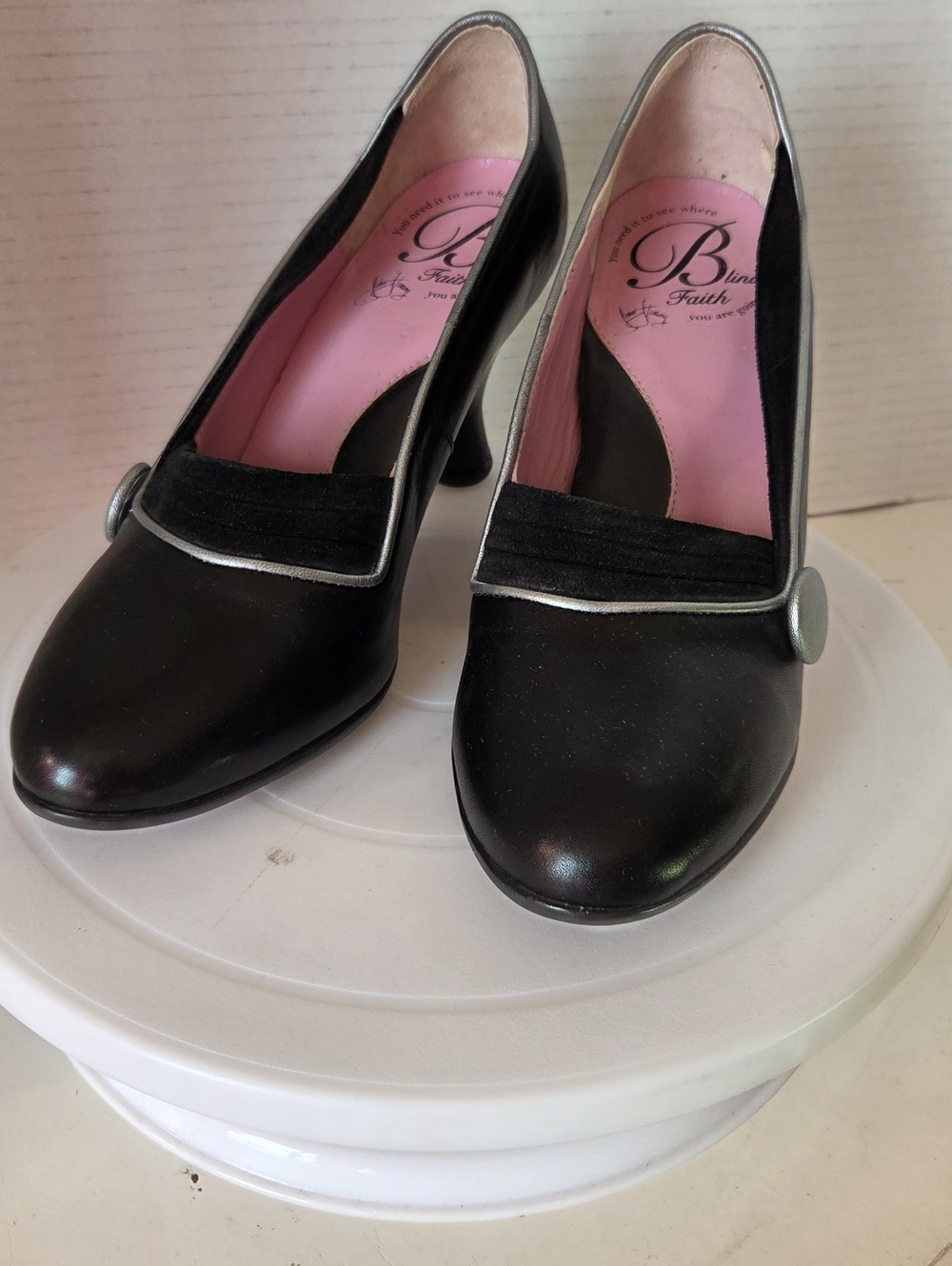 Blind Faith By John Fluevog Black Kitten Heeled Pumps with Silver Buttons Size 6